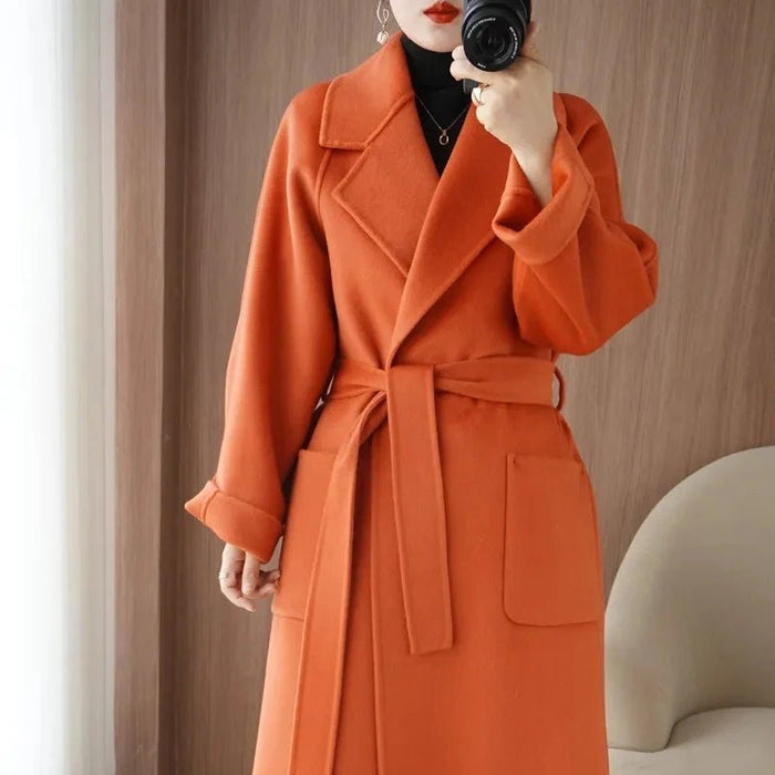 SaneShoppe - 100% Wool Coat Women's Wear 2025 Autumn/Winter Fashion Temperament Double sided Cashmere Coats with Belt Elegant Long Overcoat