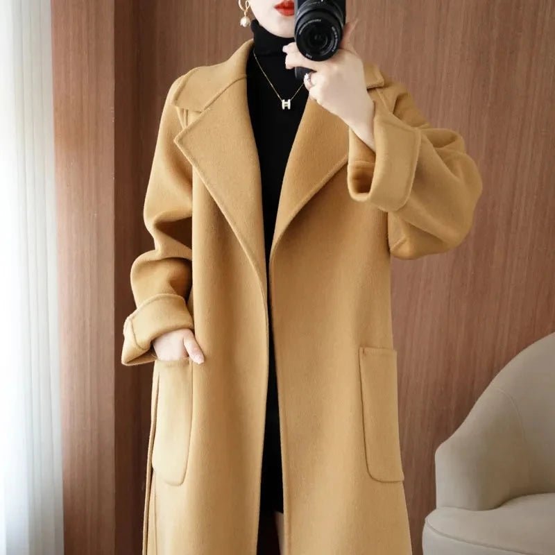 SaneShoppe - 100% Wool Coat Women's Wear 2025 Autumn/Winter Fashion Temperament Double sided Cashmere Coats with Belt Elegant Long Overcoat