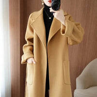 SaneShoppe - 100% Wool Coat Women's Wear 2025 Autumn/Winter Fashion Temperament Double sided Cashmere Coats with Belt Elegant Long Overcoat