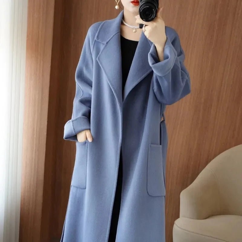 SaneShoppe - 100% Wool Coat Women's Wear 2025 Autumn/Winter Fashion Temperament Double sided Cashmere Coats with Belt Elegant Long Overcoat