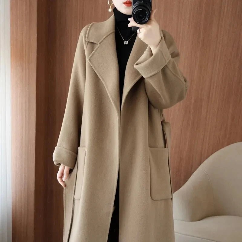 SaneShoppe - 100% Wool Coat Women's Wear 2025 Autumn/Winter Fashion Temperament Double sided Cashmere Coats with Belt Elegant Long Overcoat