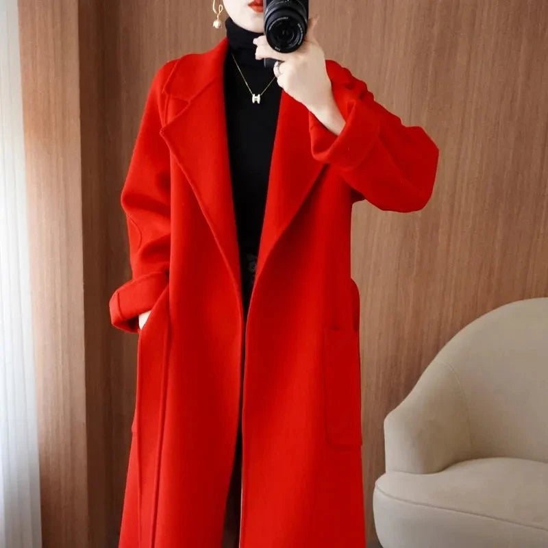 SaneShoppe - 100% Wool Coat Women's Wear 2025 Autumn/Winter Fashion Temperament Double sided Cashmere Coats with Belt Elegant Long Overcoat