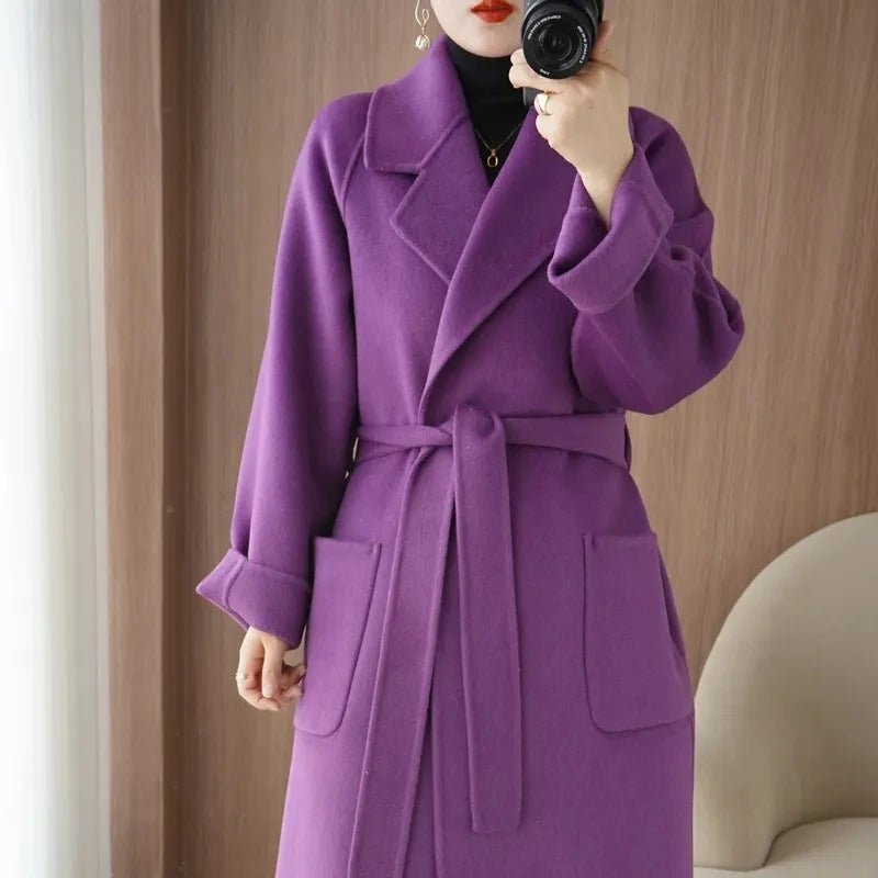 SaneShoppe - 100% Wool Coat Women's Wear 2025 Autumn/Winter Fashion Temperament Double sided Cashmere Coats with Belt Elegant Long Overcoat