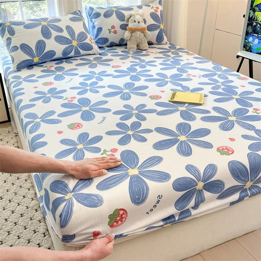 SaneShoppe-Floral Printed Fitted Bed Sheet, 100% Cotton, Single/Queen/King Size