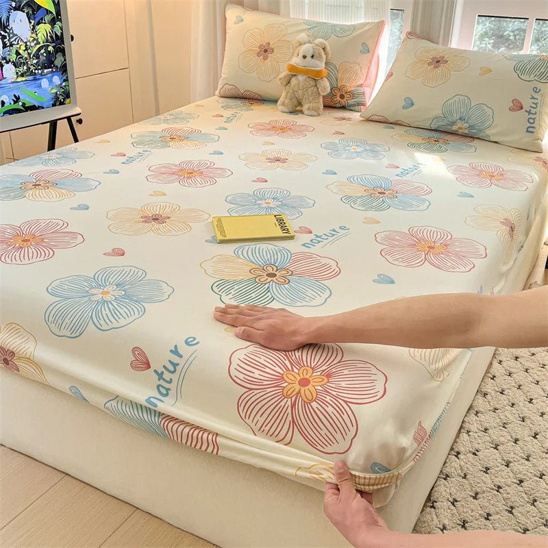 SaneShoppe-Floral Printed Fitted Bed Sheet, 100% Cotton, Single/Queen/King Size