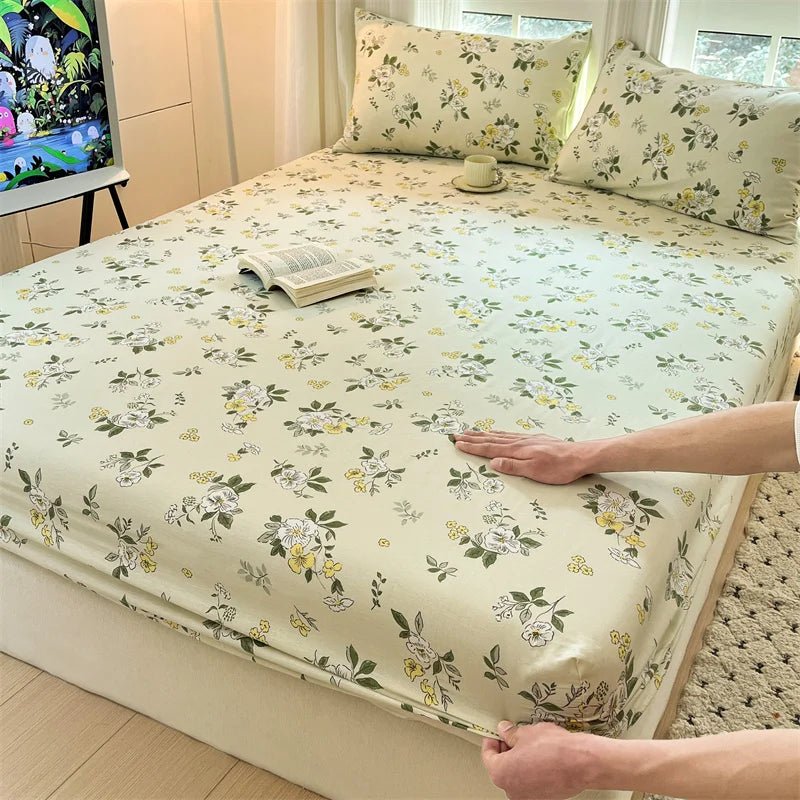 SaneShoppe-Floral Printed Fitted Bed Sheet, 100% Cotton, Single/Queen/King Size