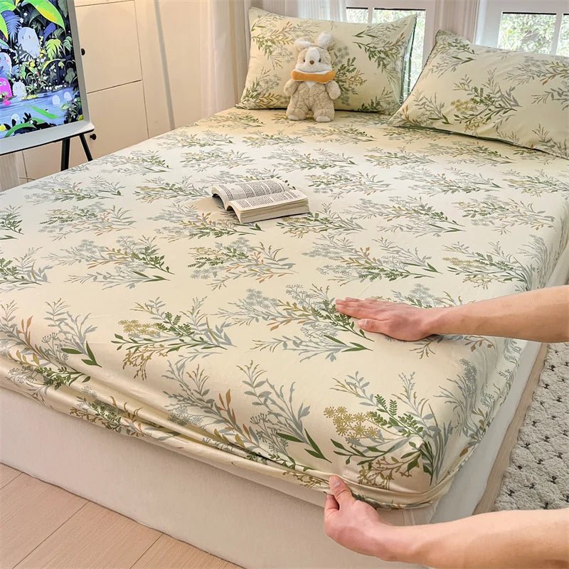 SaneShoppe-Floral Printed Fitted Bed Sheet, 100% Cotton, Single/Queen/King Size