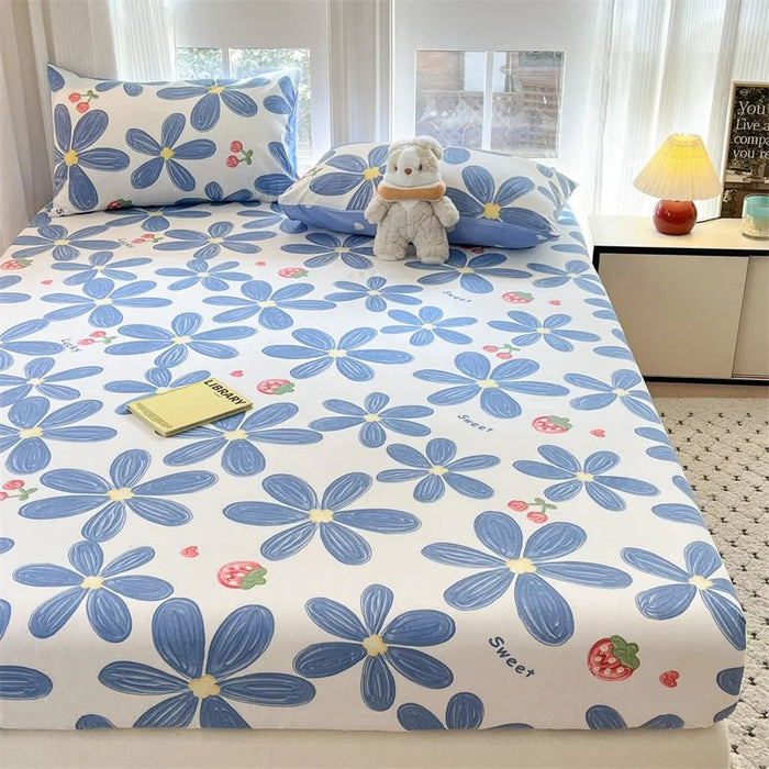 SaneShoppe-Floral Printed Fitted Bed Sheet, 100% Cotton, Single/Queen/King Size