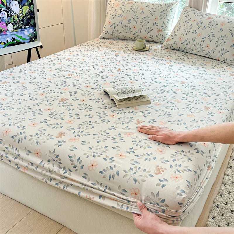 SaneShoppe-Floral Printed Fitted Bed Sheet, 100% Cotton, Single/Queen/King Size
