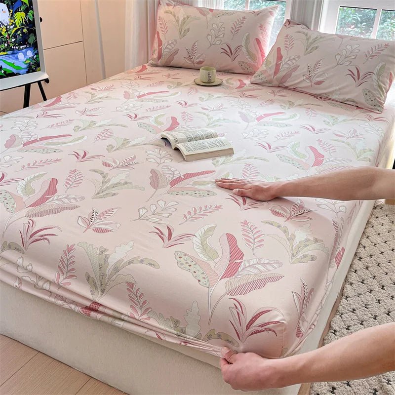SaneShoppe-Floral Printed Fitted Bed Sheet, 100% Cotton, Single/Queen/King Size