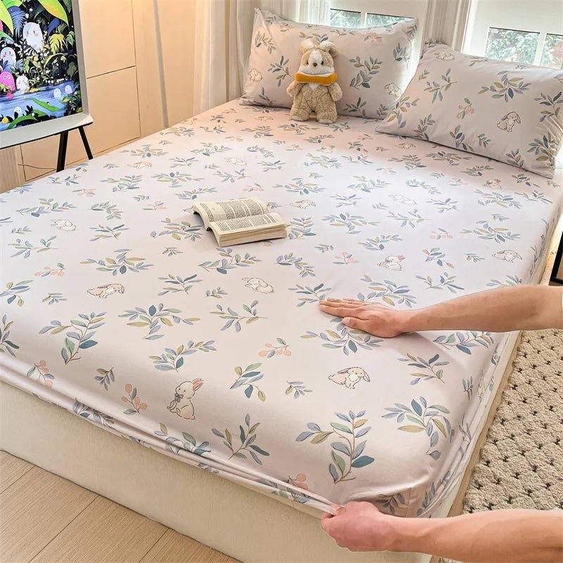 SaneShoppe-Floral Printed Fitted Bed Sheet, 100% Cotton, Single/Queen/King Size