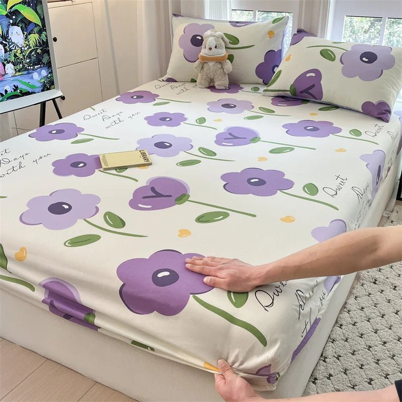 SaneShoppe-Floral Printed Fitted Bed Sheet, 100% Cotton, Single/Queen/King Size