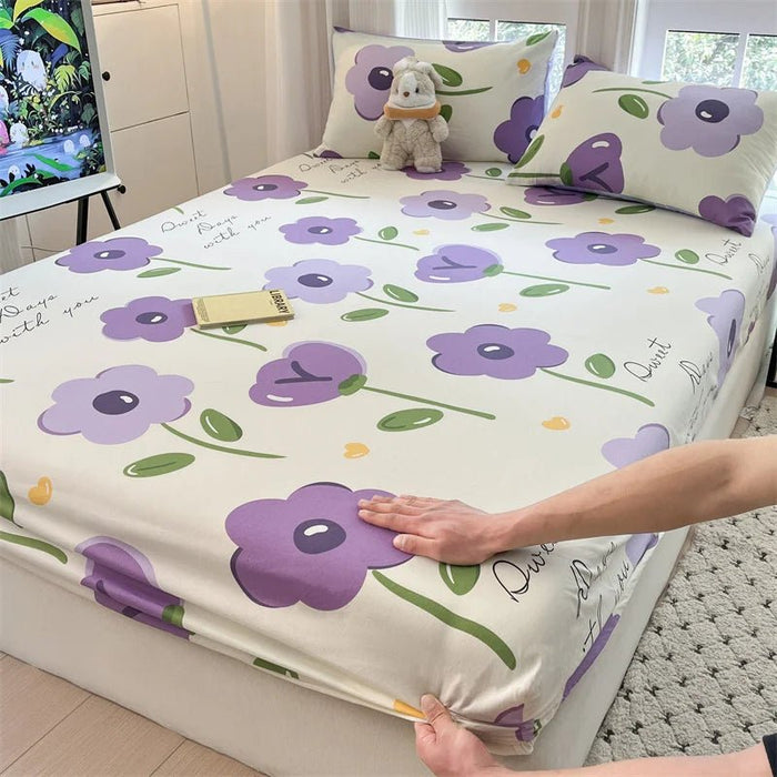 SaneShoppe-Floral Printed Fitted Bed Sheet, 100% Cotton, Single/Queen/King Size