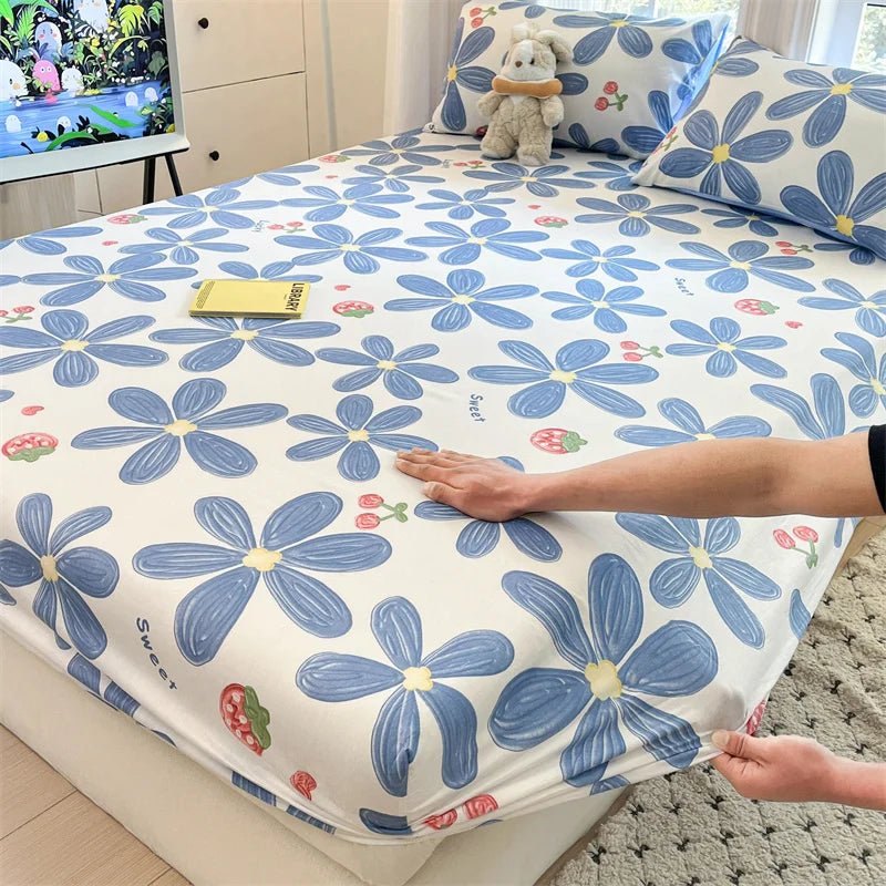 SaneShoppe-Floral Printed Fitted Bed Sheet, 100% Cotton, Single/Queen/King Size