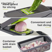 SaneShoppe - 1pc KEMORELA 12 - in - 1 Vegetable Chopper, Manual Food Dicer with Container, Hand Guard, and Drain Basket, Uncharged Kitchen Cutter for Onion Slicing, Versatile Plastic Vegetable Cutter, Food Contact Safe