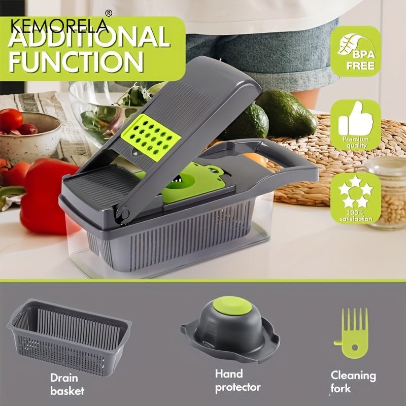 SaneShoppe - 1pc KEMORELA 12 - in - 1 Vegetable Chopper, Manual Food Dicer with Container, Hand Guard, and Drain Basket, Uncharged Kitchen Cutter for Onion Slicing, Versatile Plastic Vegetable Cutter, Food Contact Safe