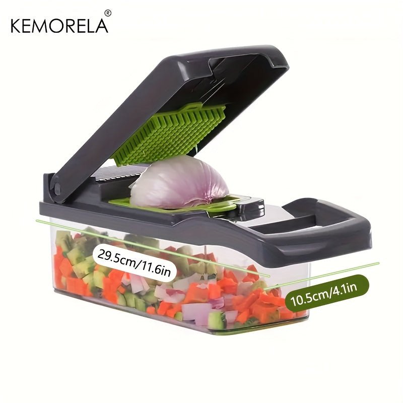 SaneShoppe - 1pc KEMORELA 12 - in - 1 Vegetable Chopper, Manual Food Dicer with Container, Hand Guard, and Drain Basket, Uncharged Kitchen Cutter for Onion Slicing, Versatile Plastic Vegetable Cutter, Food Contact Safe