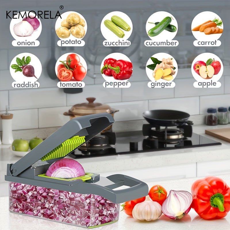 SaneShoppe - 1pc KEMORELA 12 - in - 1 Vegetable Chopper, Manual Food Dicer with Container, Hand Guard, and Drain Basket, Uncharged Kitchen Cutter for Onion Slicing, Versatile Plastic Vegetable Cutter, Food Contact Safe