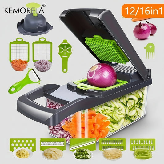 SaneShoppe - 1pc KEMORELA 12 - in - 1 Vegetable Chopper, Manual Food Dicer with Container, Hand Guard, and Drain Basket, Uncharged Kitchen Cutter for Onion Slicing, Versatile Plastic Vegetable Cutter, Food Contact Safe