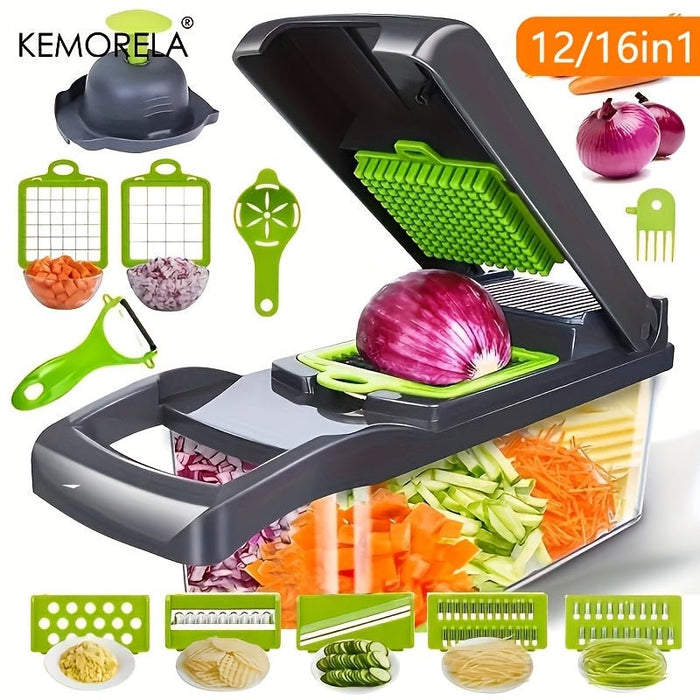 SaneShoppe - 1pc KEMORELA 12 - in - 1 Vegetable Chopper, Manual Food Dicer with Container, Hand Guard, and Drain Basket, Uncharged Kitchen Cutter for Onion Slicing, Versatile Plastic Vegetable Cutter, Food Contact Safe