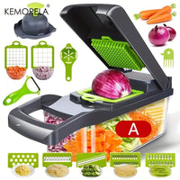 SaneShoppe - 1pc KEMORELA 12 - in - 1 Vegetable Chopper, Manual Food Dicer with Container, Hand Guard, and Drain Basket, Uncharged Kitchen Cutter for Onion Slicing, Versatile Plastic Vegetable Cutter, Food Contact Safe