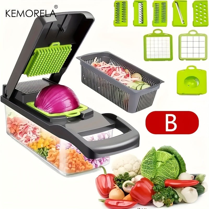 SaneShoppe - 1pc KEMORELA 12 - in - 1 Vegetable Chopper, Manual Food Dicer with Container, Hand Guard, and Drain Basket, Uncharged Kitchen Cutter for Onion Slicing, Versatile Plastic Vegetable Cutter, Food Contact Safe