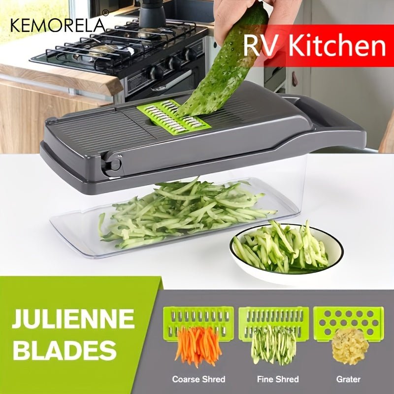 SaneShoppe - 1pc KEMORELA 12 - in - 1 Vegetable Chopper, Manual Food Dicer with Container, Hand Guard, and Drain Basket, Uncharged Kitchen Cutter for Onion Slicing, Versatile Plastic Vegetable Cutter, Food Contact Safe