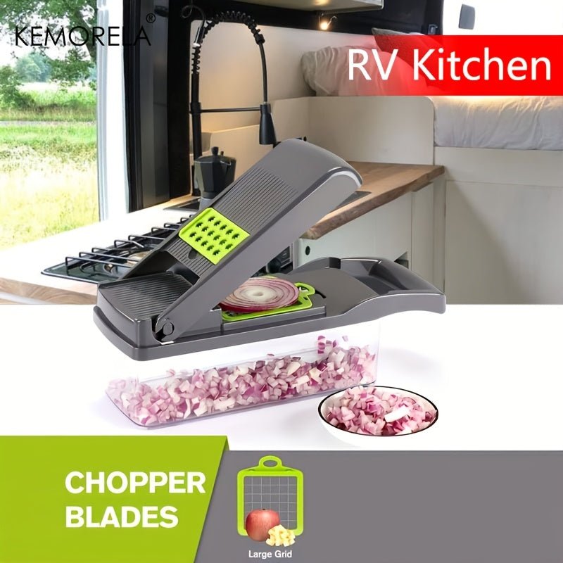 SaneShoppe - 1pc KEMORELA 12 - in - 1 Vegetable Chopper, Manual Food Dicer with Container, Hand Guard, and Drain Basket, Uncharged Kitchen Cutter for Onion Slicing, Versatile Plastic Vegetable Cutter, Food Contact Safe