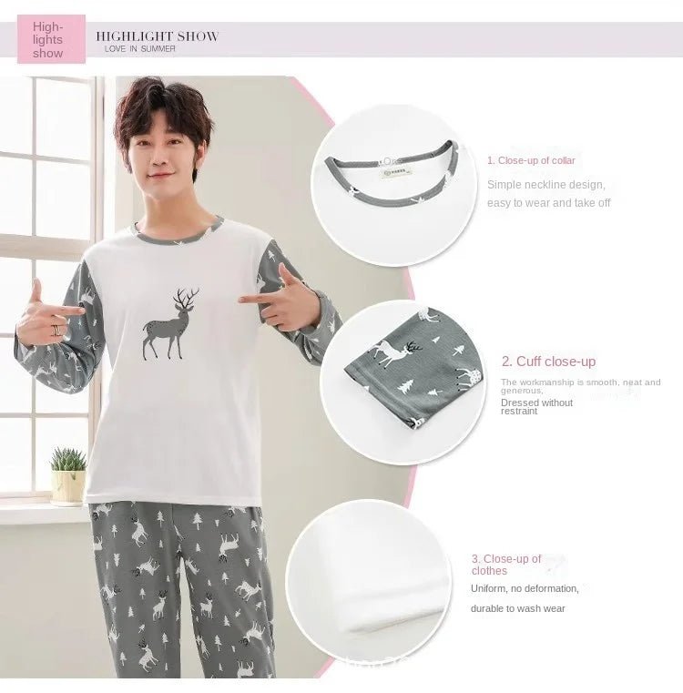 SaneShoppe - 2 Sets of Men Pajamas Set of Long - Sleeved Long Trousers Students Sleepwear Homewear Cartoon O - Neck Striped Nightwear Loungewear