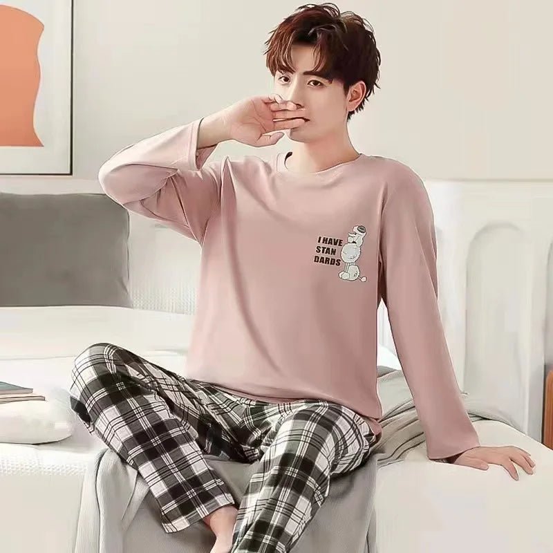 SaneShoppe - 2 Sets of Men Pajamas Set of Long - Sleeved Long Trousers Students Sleepwear Homewear Cartoon O - Neck Striped Nightwear Loungewear