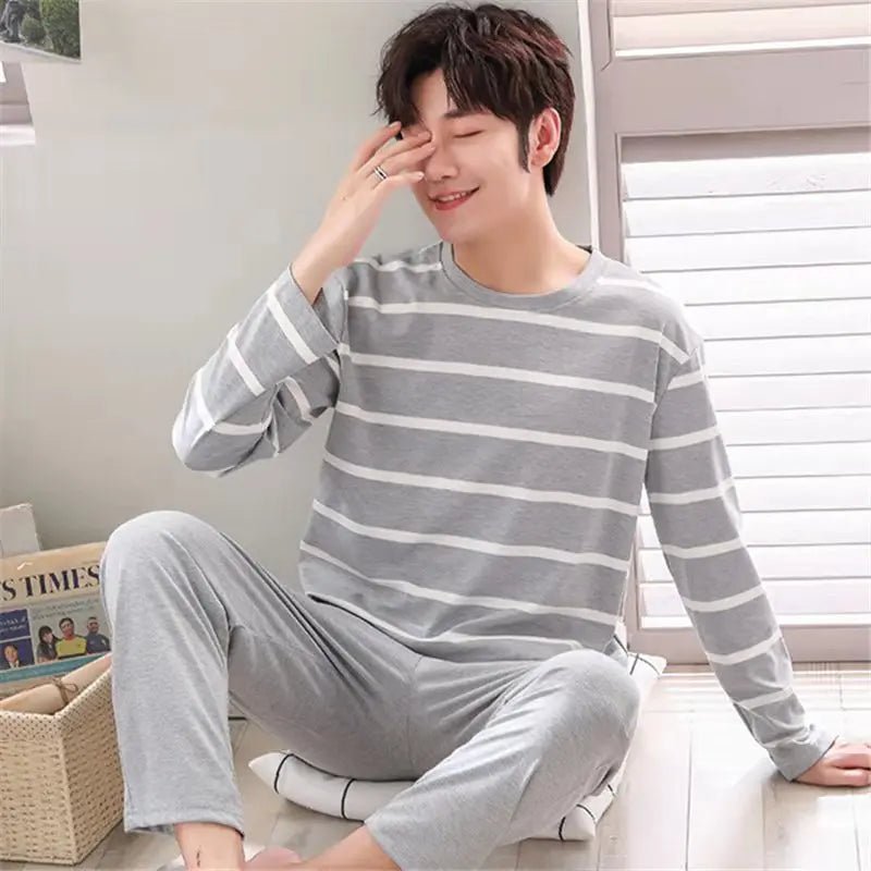 SaneShoppe - 2 Sets of Men Pajamas Set of Long - Sleeved Long Trousers Students Sleepwear Homewear Cartoon O - Neck Striped Nightwear Loungewear