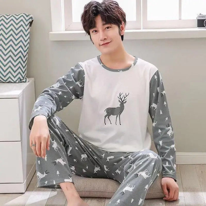 SaneShoppe - 2 Sets of Men Pajamas Set of Long - Sleeved Long Trousers Students Sleepwear Homewear Cartoon O - Neck Striped Nightwear Loungewear