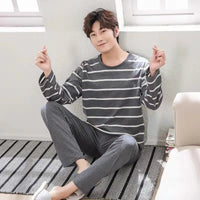 SaneShoppe - 2 Sets of Men Pajamas Set of Long - Sleeved Long Trousers Students Sleepwear Homewear Cartoon O - Neck Striped Nightwear Loungewear