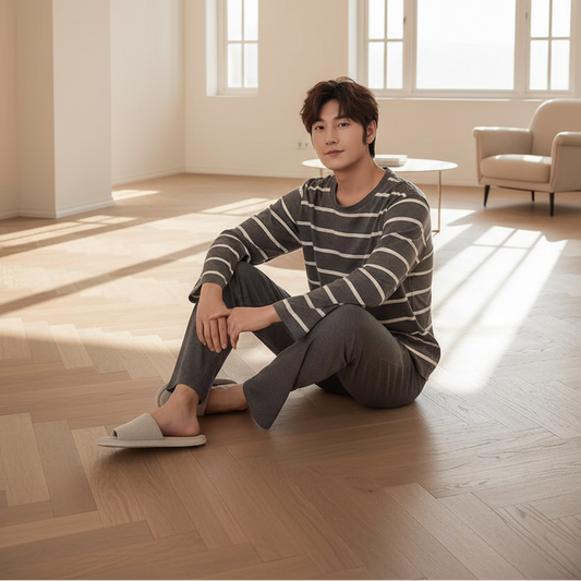SaneShoppe - 2 Sets of Men Pajamas Set of Long - Sleeved Long Trousers Students Sleepwear Homewear Cartoon O - Neck Striped Nightwear Loungewear