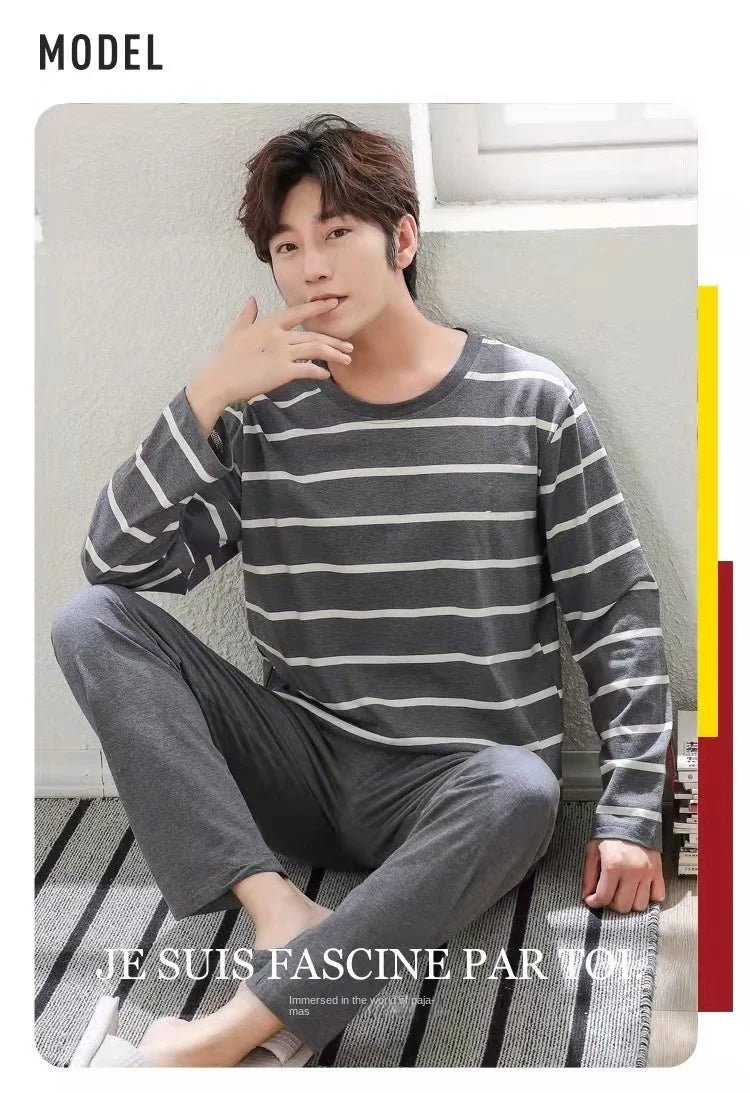 SaneShoppe 2 Sets of Men Pajamas Set of Long - Sleeved Long Trousers Students Sleepwear Homewear Cartoon O - Neck Striped Nightwear Loungewear