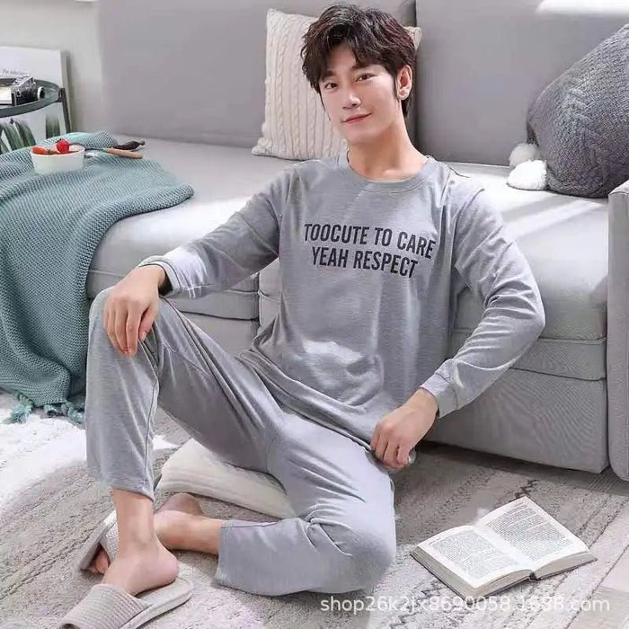 SaneShoppe - 2 Sets of Men Pajamas Set of Long - Sleeved Long Trousers Students Sleepwear Homewear Cartoon O - Neck Striped Nightwear Loungewear
