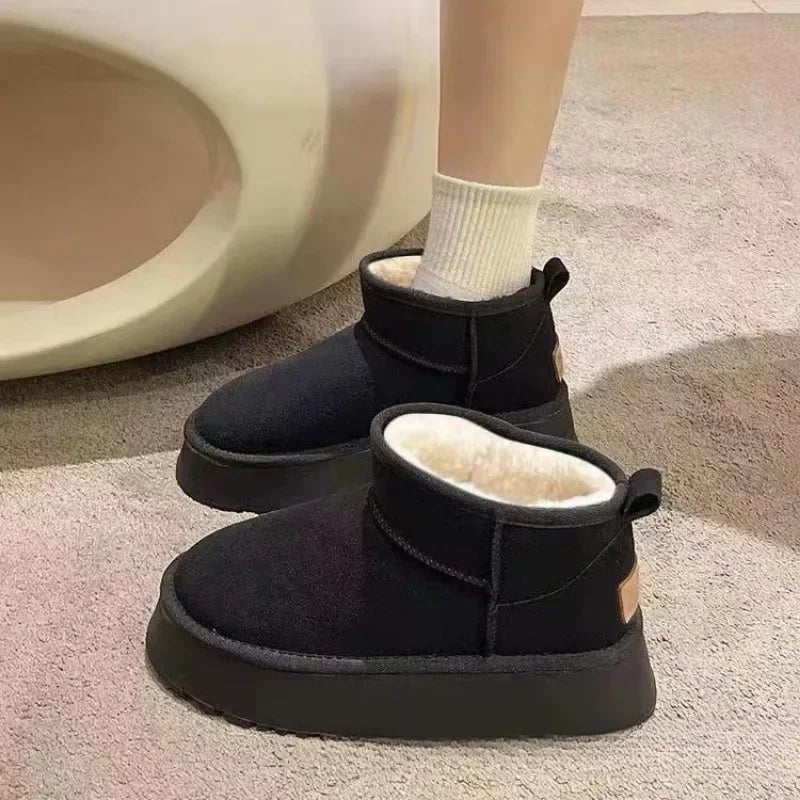 SaneShoppe - 2023 New Winter Warm Boots Fur Ladies Snow Boots Real Sheepskin Wool Low - cut Warm Fur Shoes Man and Women Winter Short Boots