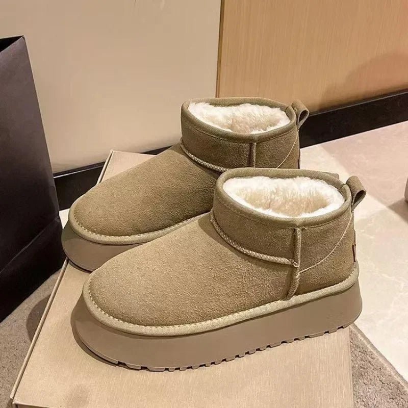 SaneShoppe - 2023 New Winter Warm Boots Fur Ladies Snow Boots Real Sheepskin Wool Low - cut Warm Fur Shoes Man and Women Winter Short Boots