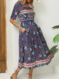 SaneShoppe - 2024 Europe and America autumn ladies round neck short sleeve long skirt Bohemian print dress woman