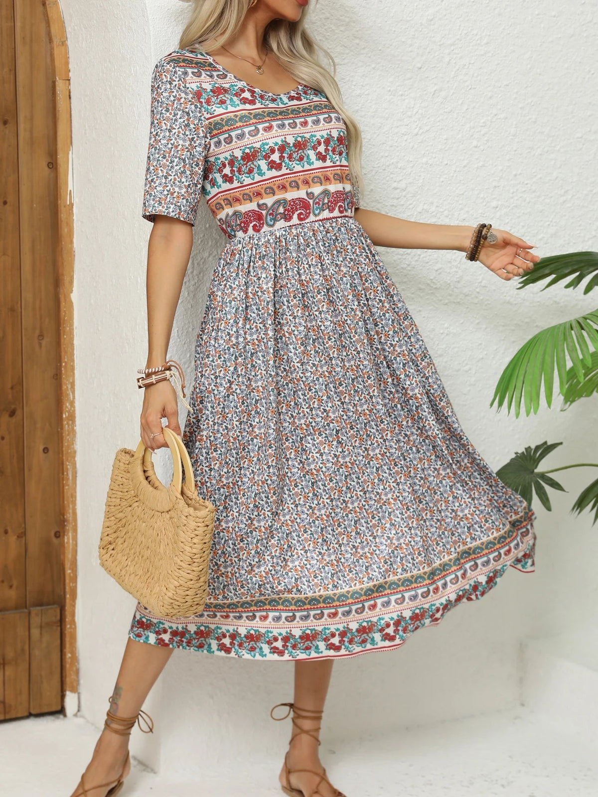 SaneShoppe - 2024 Europe and America autumn ladies round neck short sleeve long skirt Bohemian print dress woman