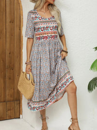 SaneShoppe - 2024 Europe and America autumn ladies round neck short sleeve long skirt Bohemian print dress woman