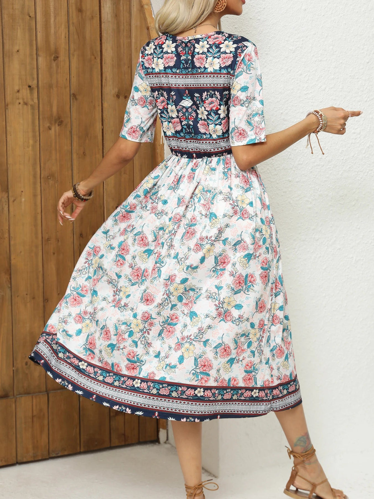 SaneShoppe - 2024 Europe and America autumn ladies round neck short sleeve long skirt Bohemian print dress woman