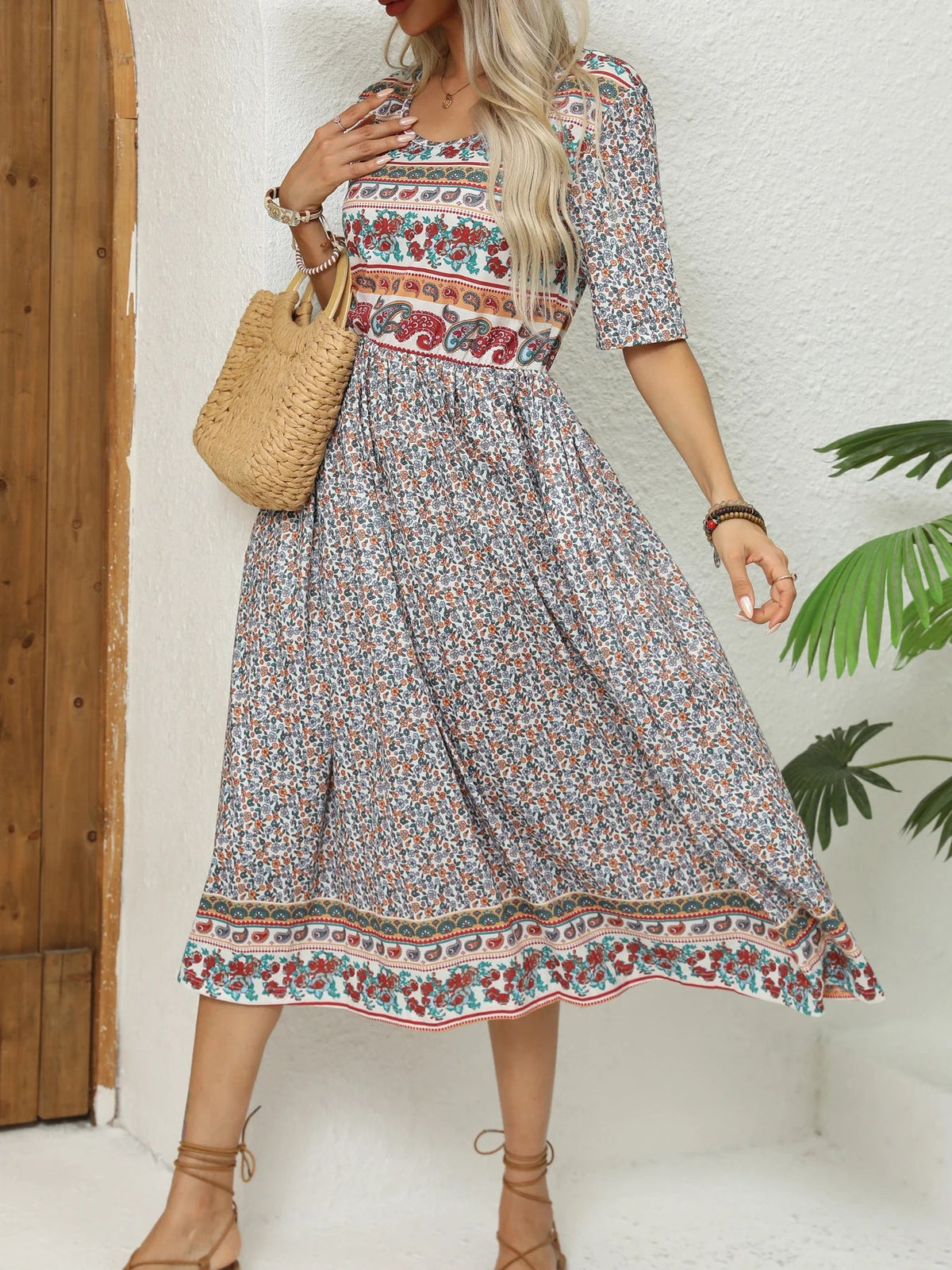 SaneShoppe - 2024 Europe and America autumn ladies round neck short sleeve long skirt Bohemian print dress woman