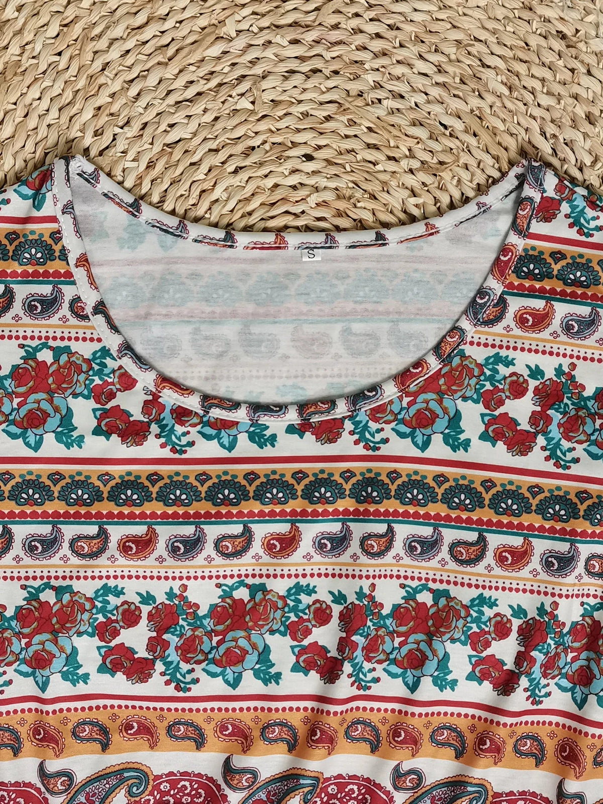 SaneShoppe - 2024 Europe and America autumn ladies round neck short sleeve long skirt Bohemian print dress woman