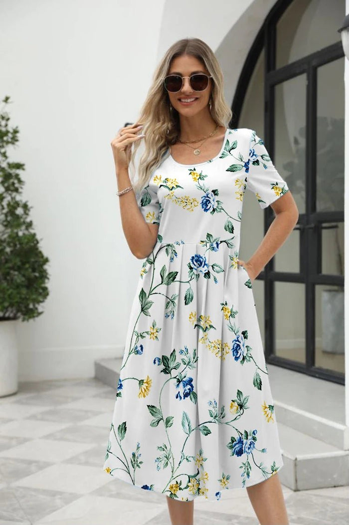 SaneShoppe - 2024 Europe and the United States summer new women's fashion elegant printed round neck short sleeve zipper dress