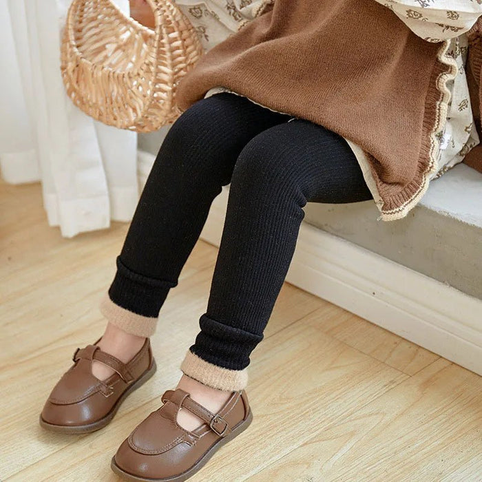SaneShoppe - 2024 New Autumn Children Girls Solid Color Pit Strip Render Pants Toddler Fleece Padded Warm Trousers Kids Leggings