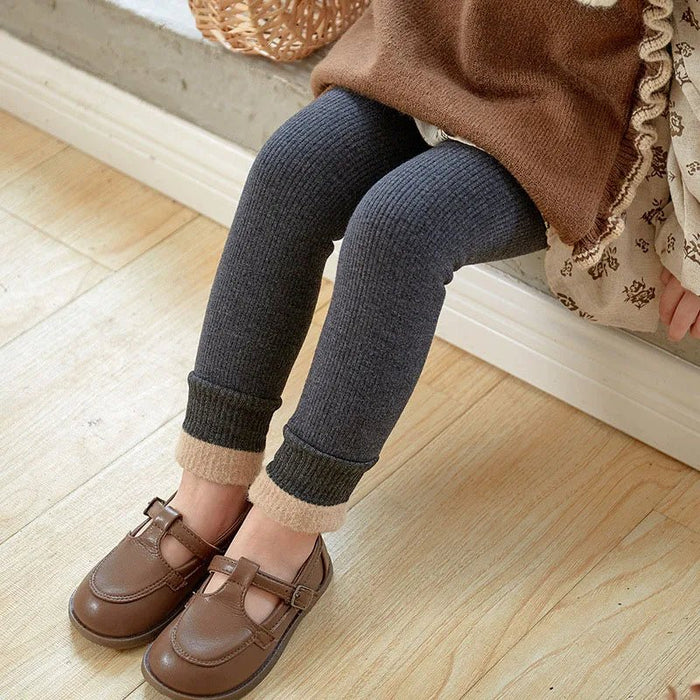 SaneShoppe - 2024 New Autumn Children Girls Solid Color Pit Strip Render Pants Toddler Fleece Padded Warm Trousers Kids Leggings