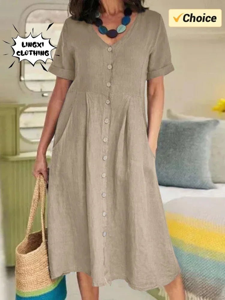 SaneShoppe - 2024 Summer New Cotton and Hemp Plus Size Dress V - neck Short Sleeved Single Breasted Elegant Loose Folded Casual Dress