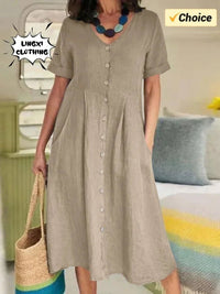 SaneShoppe - 2024 Summer New Cotton and Hemp Plus Size Dress V - neck Short Sleeved Single Breasted Elegant Loose Folded Casual Dress