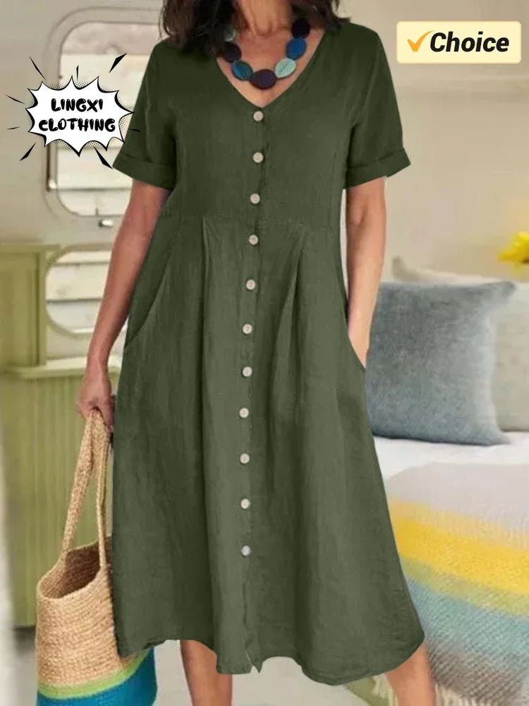 SaneShoppe - 2024 Summer New Cotton and Hemp Plus Size Dress V - neck Short Sleeved Single Breasted Elegant Loose Folded Casual Dress